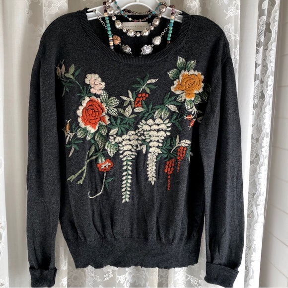 JOHNNY WAS * 4 Love & Liberty Charcoal Embroidered Lightweight Sweater - Picture 4 of 8